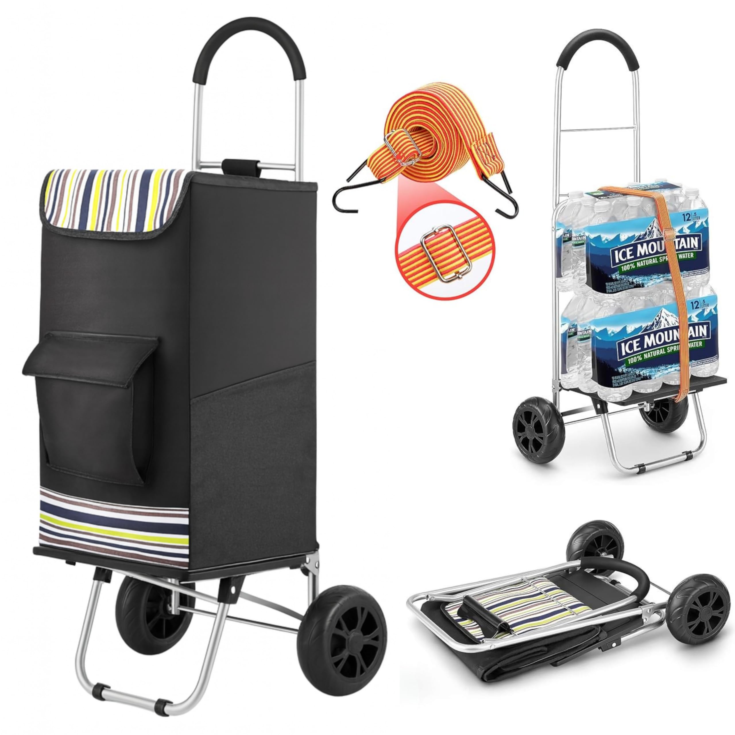 Shopping Cart, Super Loading Grocery Trolley, 220 lbs Capacity, Foldable Cart with Extra Large Black Shopping Bag Portable Grocery Utility Cart With Adjustable Bungee Cord