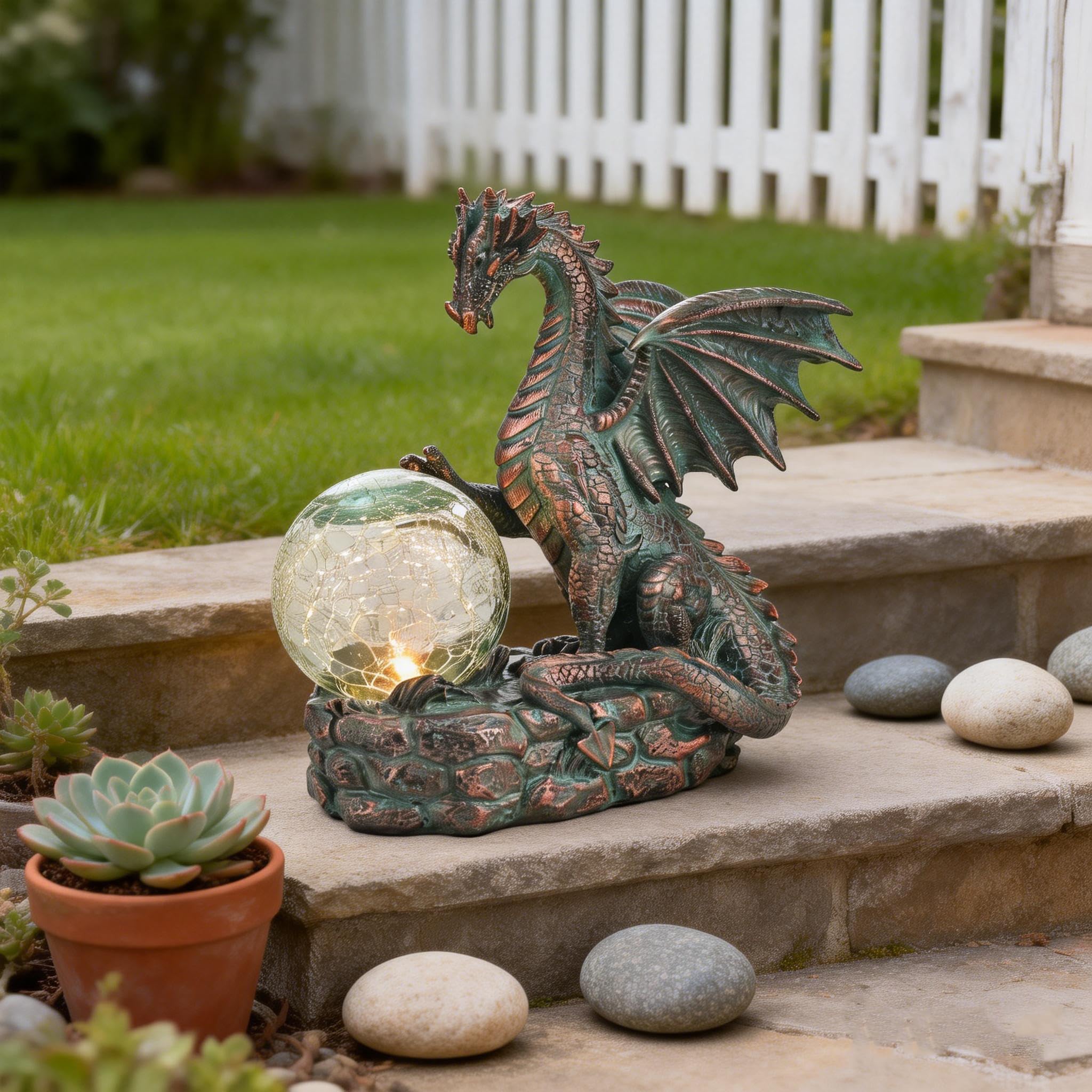 TERESA'S COLLECTIONS Garden Sculptures & Statues, Solar Dragon Outdoor Statues Figurines, Resin Bronze Gothic Garden Decor Lawn Ornaments Patio Yard Decorations Gifts for Mom Women, 8"