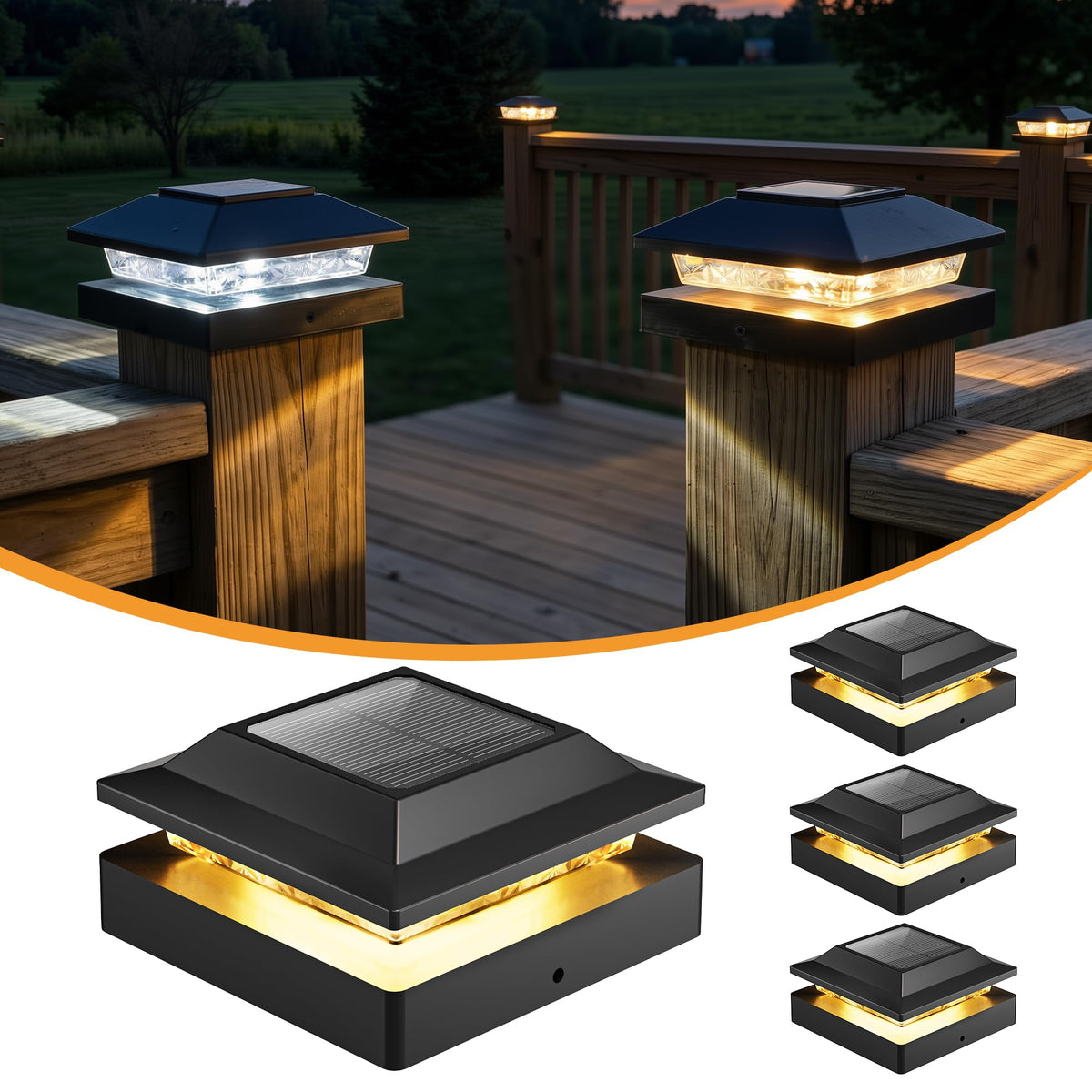 4x4 Solar Post Cap Lights 4-Pack, Dual Color LED Lights for Wood/Vinyl Post
