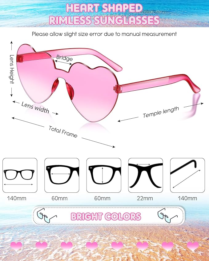 Frienda 8 Pairs Heart Shaped Sunglasses for Women Rimless Heart Glasses Candy Color Sunglasses for Party Favor
