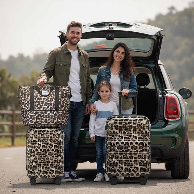 LARVENDER Luggage Sets 5 Piece Hardside Expandable Suitcase with Wheels Lock,PC+ABS Hardside Lightweight Rolling Suitcase for Women and Men,Cheetah