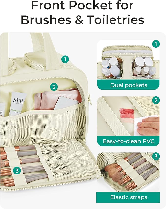 BAGSMART Travel Toiletry Bag, Crush Toiletry Bag for Women, Wide-open Puffy Toiletry Bags for Traveling, Large Travel Cosmetic Makeup Bag Organizer for Accessories,Toiletrie, Beige