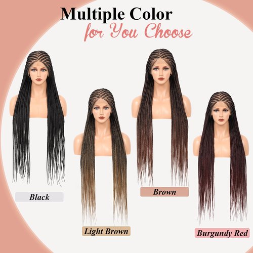 Lexqui 36 Inch Cornrow Braided Wigs 13X8 HD Lace Front Braid Wig for Women Braided Lace Front Wigs Middle Parted Box Braid Wig Synthetic Hair Full Lace Burgundy Red