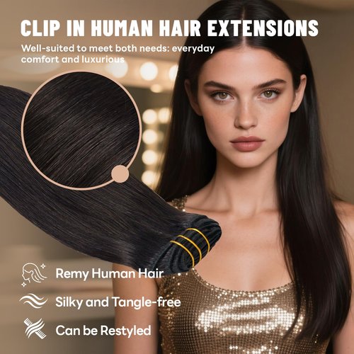LuxeTress Clip in Hair Extensions Real Human Hair 16 Inch 120g 7Pcs Remy Extensions Double Weft Straight Hair Extensions for Add Volume (16in, 120g, #1B)