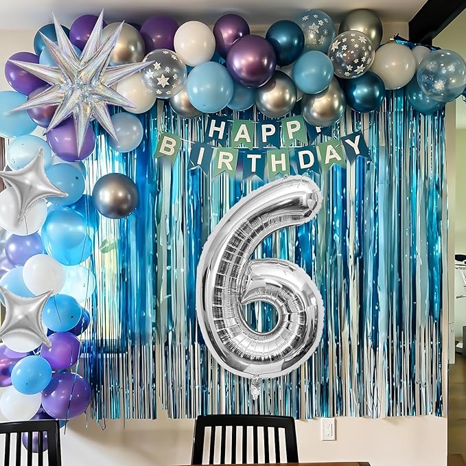 Snow 6th Birthday Decorations Girl, Snowflake Balloon Garland Arch Kit, Laser Explosion Star Balloons, Silver Number 6 Balloon Tower for Baby Shower Girls 6th Snow Theme Party Supplies