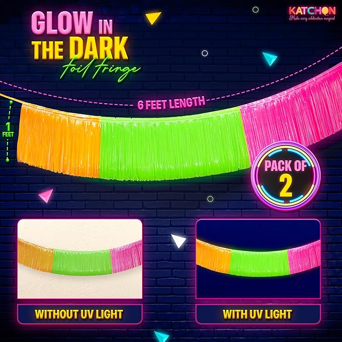 KatchOn, Neon Fringe Banner – 8.2 Feet, Pack of 2 | Neon Banner for Rave Party Decorations, Glow Parties Glow in The Dark Streamers for Birthday, Bachelorette Party