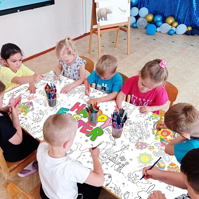 Tbsone Easter Coloring Tablecloth Poster, 72x30 Inch Spring and Easter Paper Crafts for Kids, Games Activities Party Decorations