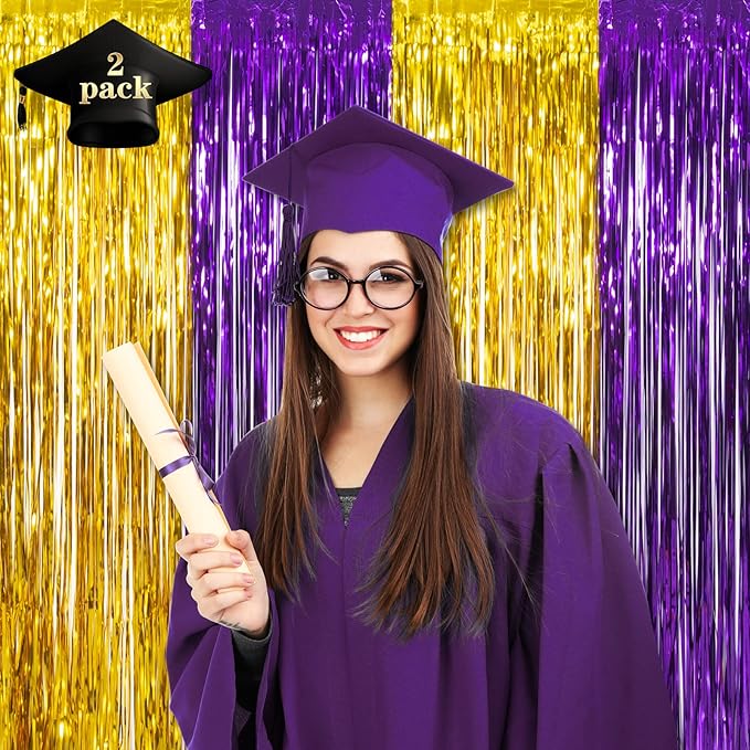 LOLStar Graduation Party Decoration, 2 Pack Purple and Gold 3.3x6.6 ft Foil Fringe Curtains, Tinsel Backdrop, Graduation Photo Booth Prop Streamer Backdrop for Class of 2026, Prom and Grad Party Decor