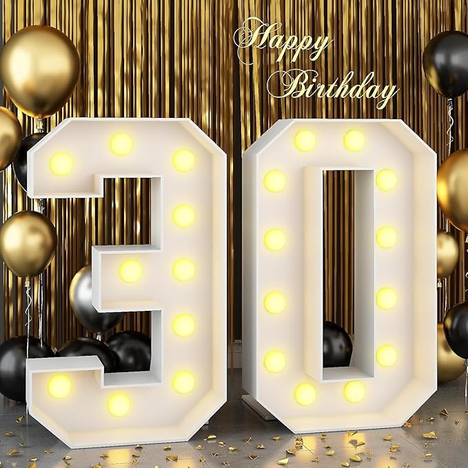Marquee 4ft Numbers with Light up Number 30 White Mosaic Frame Slots-in Letter 30 for 30th Birthday Party Decorations Pre-Cut Cardboard Large Giant Cut-Out Thick Foam Board Sign Anniversary