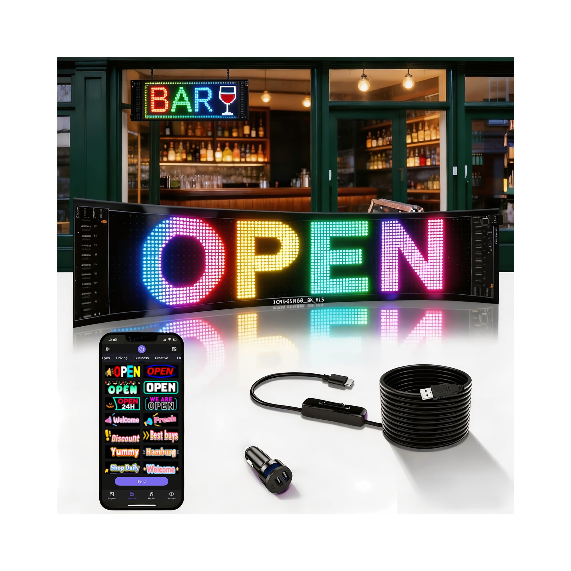 Multifunctional Bright 1PCS Programmable LED Car Sign for Windshield - 19x5in [ App Control ] Flexible LED Matrix Window Display