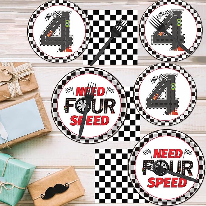Rakuto Cars 4th Birthday Party Plates and Napkins Set, 96PCS Need Four Speed Birthday Decorations Supplies, Racing Car Fourth Disposable Tableware for Boys