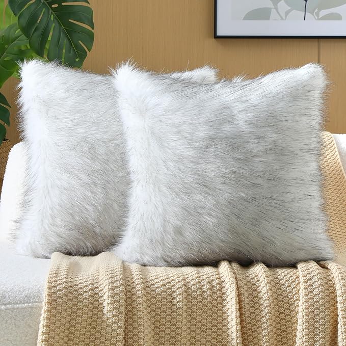 FUTEI Black White Decorative Throw Pillow Covers 16x16 Inch Set of 2,Soft Fluffy Faux Fox Fur Textured Cushion Case,Modern Home Decor for Couch Living Room