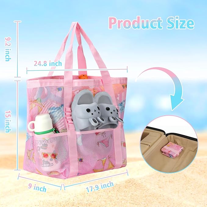 Mesh Beach Bags for Family - Women Beach Tote Bag for Toys, Towels, Travel Vacation Cruise Essentials