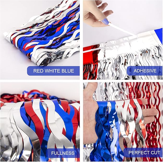 LOLStar 4th of July Decorations, 5 Pack Red White Blue Wavy Tinsel Foil Fringe Curtains, Memorial Day Photo Booth Prop Streamer Backdrop for Patriotic America Party, Independence Labor Day Decoration