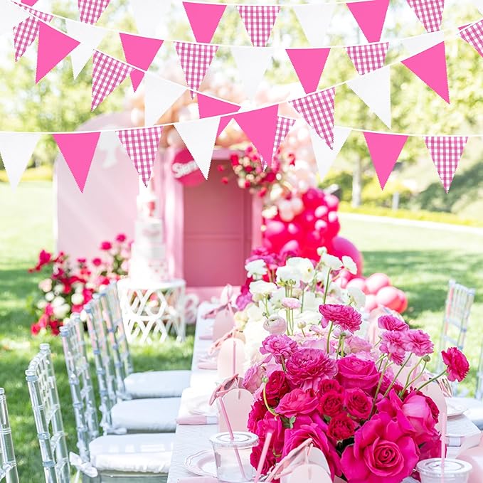 32Ft Hot Pink Party Decorations Pink Buffalo Plaid Checkered White Triangle Flag Gingham Pennant Fabric Garland Streamers for Wedding Birthday Baby Shower Anniversary Party Picnic Garden Decor