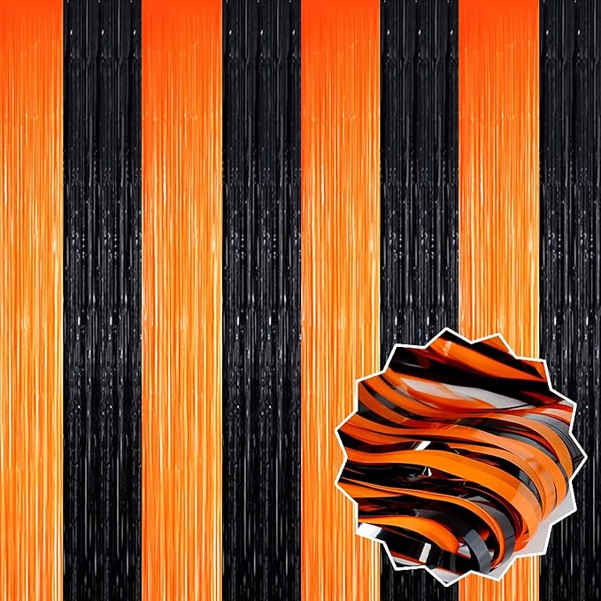 6 Pack Black Orange Foil Fringe Curtains Backdrop, 3.28 x 9.8 Ft Metallic Streamers Tinsel Curtains Background for Photo Booth, Birthday, Halloween, Christmas, Thanksgiving, New Year Party Decorations