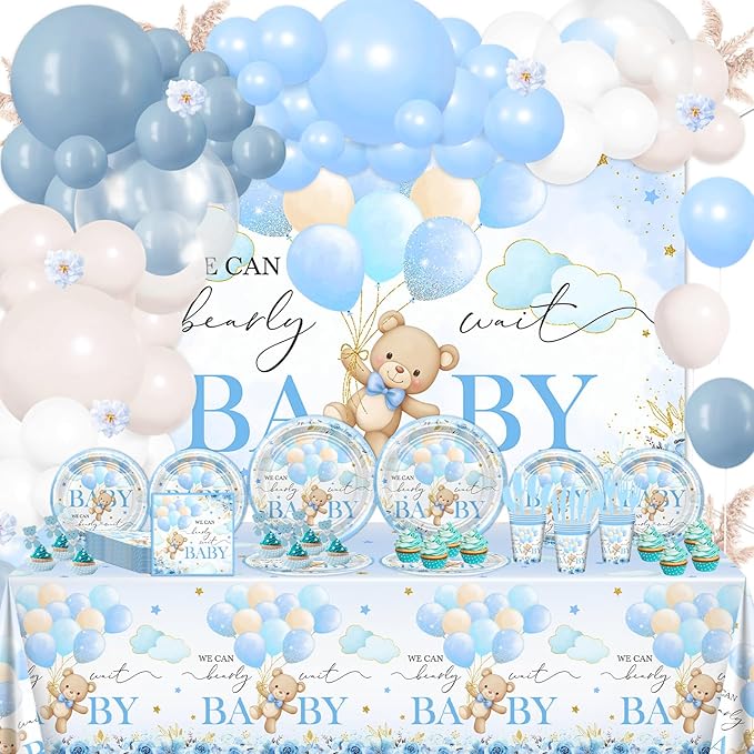270 Pcs Blue Bear Baby Shower Decorations: We Can Bearly Wait Baby Shower Banner Disposable Plates Napkins Cups Tablecloth Balloons for Boy Serve 24