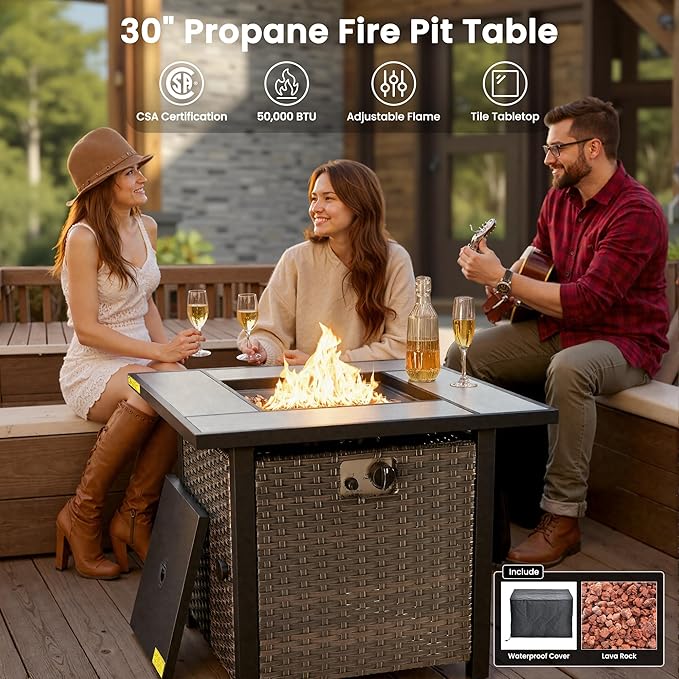 ovios 5 Pieces Patio Furniture Set with 30" Fire Pit Table, Outdoor Wicker Sofa with Loveseat, Comfy Cushions, High Back Couch Conversation Set, Brown Rattan, Navy Blue