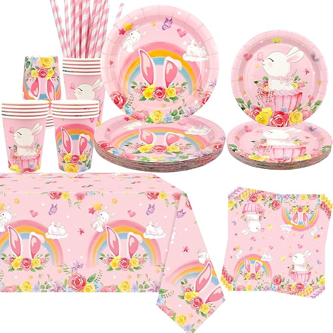 KEFAN Bunny Birthday Party Decorations, Rabbit Theme Party Tableware Supplies including Plates, Cups, Napkins, Tablecloth (20)