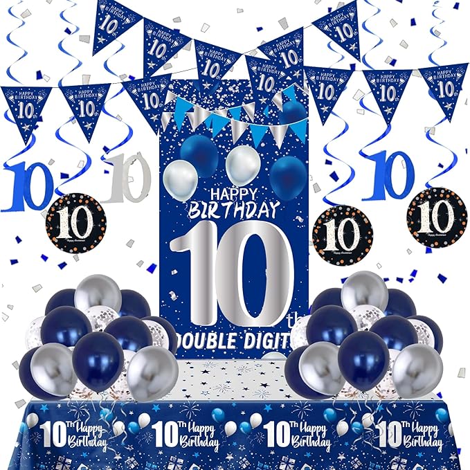 10th Birthday Decorations for Boys Girls, Blue Silver 10th Birthday Decorations Backdrop with Happy 10th Birthday Banner, Number 10 Hanging Swirls, Triangle Flag, 10 Years Old Party Decor Supplies