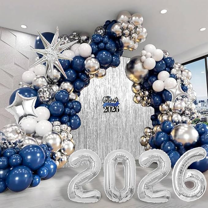 Graduation Balloon Garland Arch Kit for Graduation Decorations Class of 2026 - Navy Blue White and Silver Balloons Different Sizes 5 12 18 Inch Graduation Balloons Arch for Grad Party Supplies