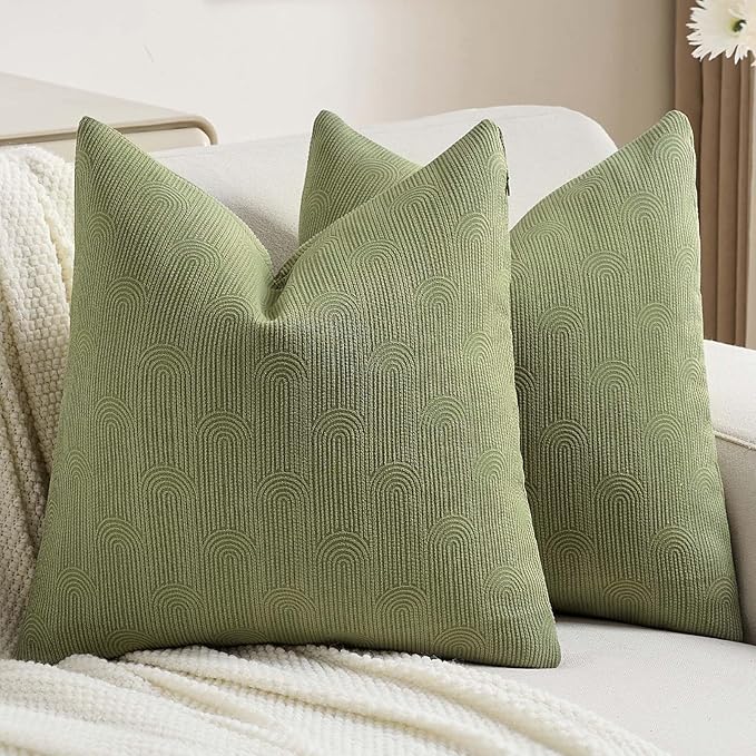 FUTEI Moss Green Chenille Decorative Throw Pillow Covers 22x22 Inch Set of 2,Soft Cozy Striped Geometric Patterns Cushion Case,Modern Home Decor for Couch Bed Living Room