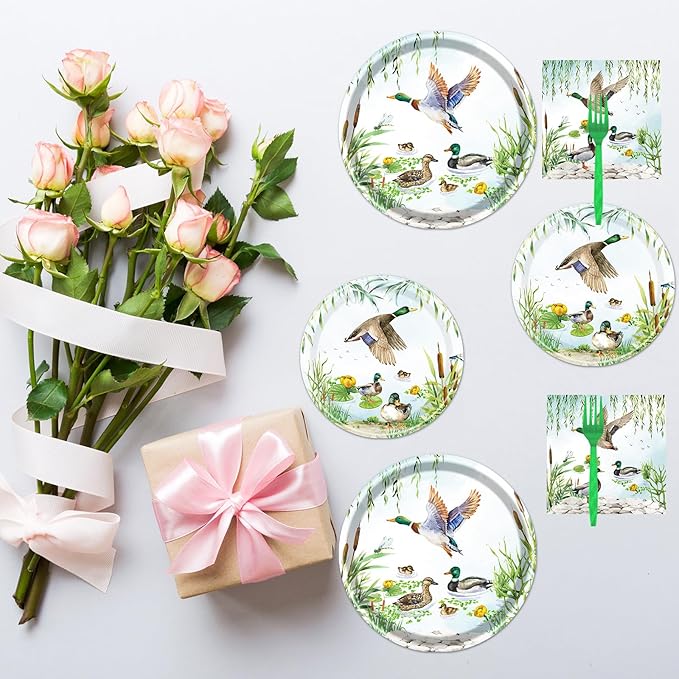 Rakuto Mallard Duck Party Plates and Napkins Party Supplies, 96PCS One Luck Duck Birthday Decorations, Disposable Paper Duck Birthday Party Baby Shower Dinnerware Serves 24