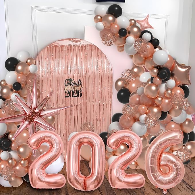 Graduation Balloon Garland Arch Kit for Graduation Decorations Class of 2026 - Rose Gold Black and White Balloons Different Sizes 5 12 18 Inch GraduationBalloons Arch for Grad Party Supplies
