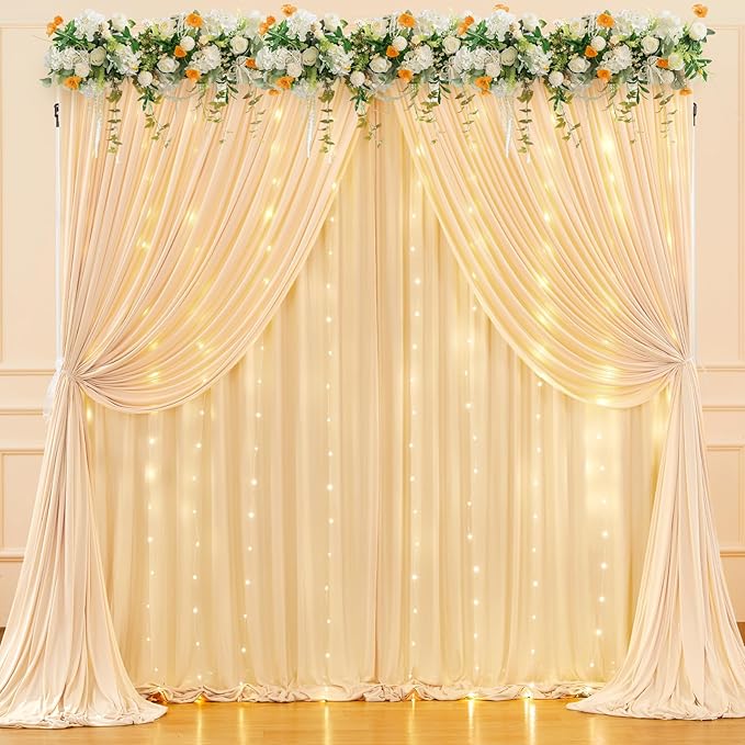 20 x 10ft Champagne Backdrop Curtains with Lights String for Wedding Polyester Photo Backdrop Drapes Wrinkle Free Soft Long Curtains for Birthday Parties Reception Baby Shower Ceremony-5 x 10ft 4Panel