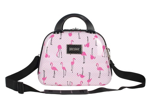 Betsey Johnson Hardside Cosmetic Case - Lightweight Small Size Hardshell Travel Hand Makeup Bag - Adjustable Shoulder Strap - Bag for Women- Multi-Functional Case (Flamingo Strut)