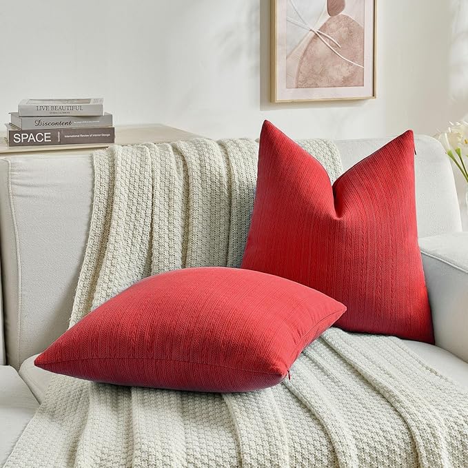 FUTEI Christmas Red Decorative Throw Pillow Covers 18x18 Inch Set of 2,Soft Cozy Wheat Ear Striped Patterns Cushion Cases,Modern Home Decor for Couch Bed Living Room