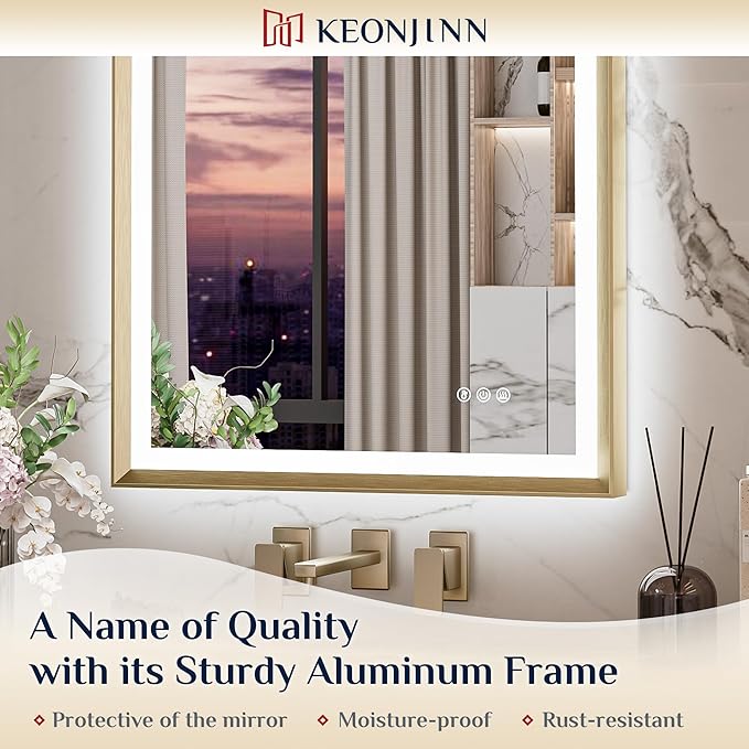 Keonjinn 42” x 36” LED Bathroom Mirror with Frontlit & Backlit, Gold Metal Framed Beveled Edge Mirror for Wall, LED Mirror with Anti Fog, Stepless 3-Color Temperature, UL-Listed LED Driver