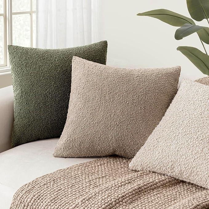 Foindtower Pack of 2 Textured Boucle Throw Pillow Covers Accent Solid Pillow Cases Cozy Soft Decorative Couch Cushion Case for Chair Sofa Bedroom Living Room Home Decor 18x18 Inch Light Khaki Tan