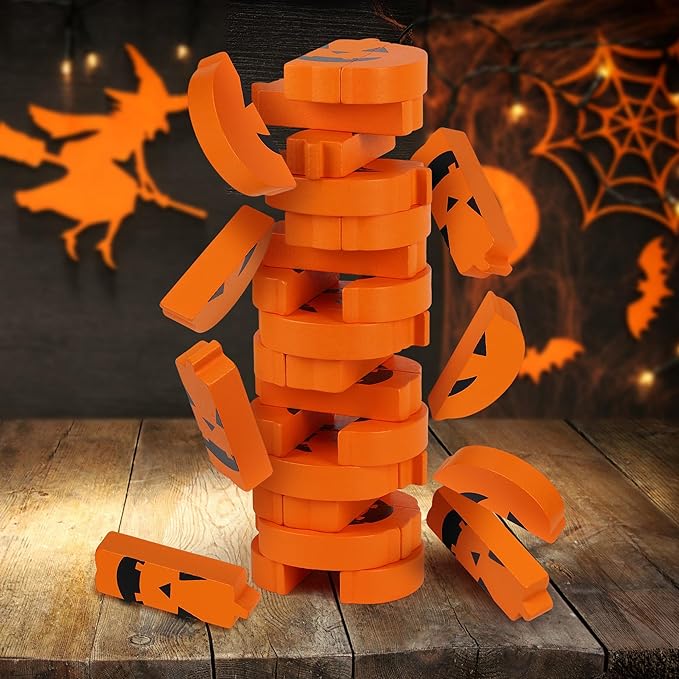 Funwares Stack 'O Lantern Pumpkin Stack-Up Wooden Blocks Stacking Game, Tumbling Tower, Family & Party Fun, Kids and Adults, Holiday Decoration, Ages 6+