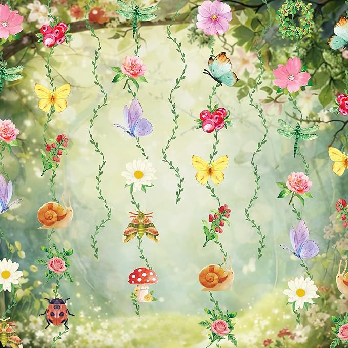 Garden Party Decorations Garland, Ready to Hang Wildflower Party Decorations with Double Sided Flowers Butterflies and Green Vines for Fairy Forest Baby Shower Birthday Tea Party