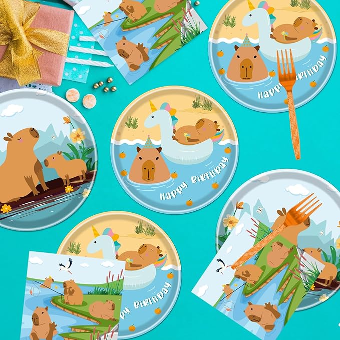 Rakuto Capybara Birthday Party Decorations, 96PCS Disposable Capybara Plates and Napkins Forks, Cute Animals Themed Dinnerware Set Tableware Supplies Serve 24