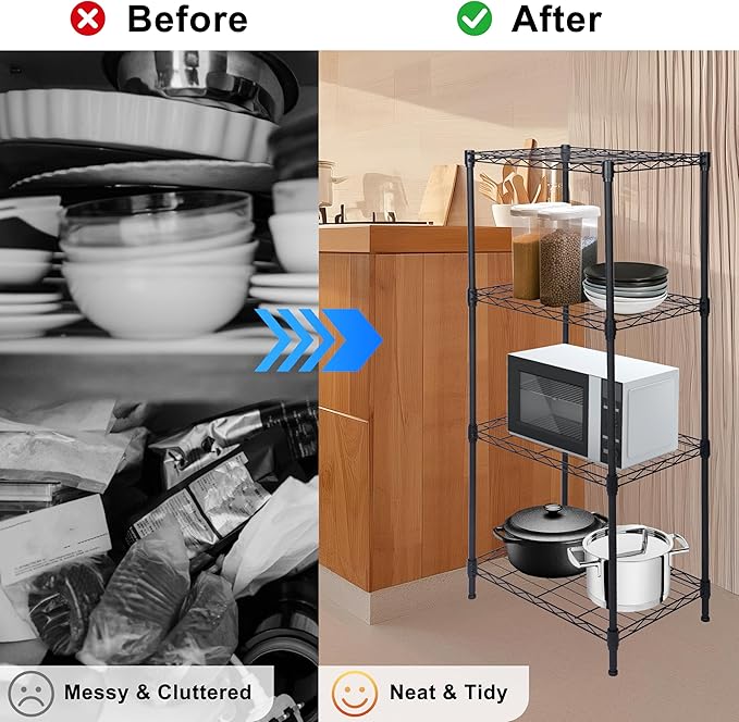 Whitmor 4 Tier Storage Shelves, Heavy Duty Metal Shelving, 400 lbs Capacity per Shelf, 1600 lbs Total, Easy Assembly for Kitchen, Garage, Plant, 18" L x 12" W x 38" H, Black