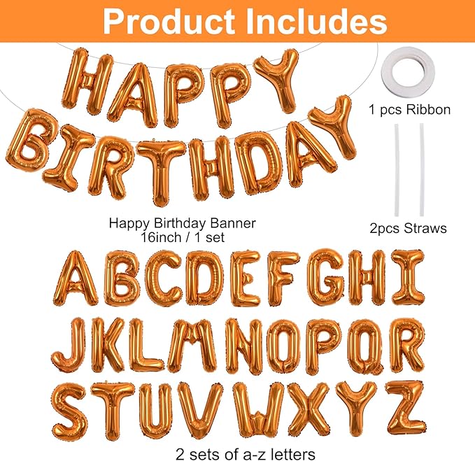 TONIFUL 65 Pcs 16 Inch Orange Happy Birthday Balloons and 2 Sets A-Z Foil Letters Balloons DIY Personalized Phrase Banner for Birthday Celebration Halloween Thanksgiving Christmas Party Decorations