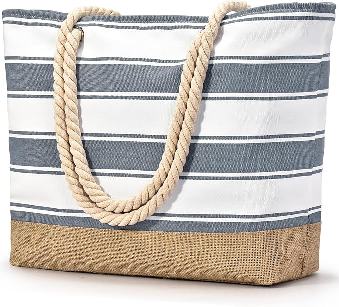 Becokan Beach Bags for Women Large Canvas Beach Tote Bag Beach Bags Waterproof Sandproof Swim Pool Bag Travel Essentials