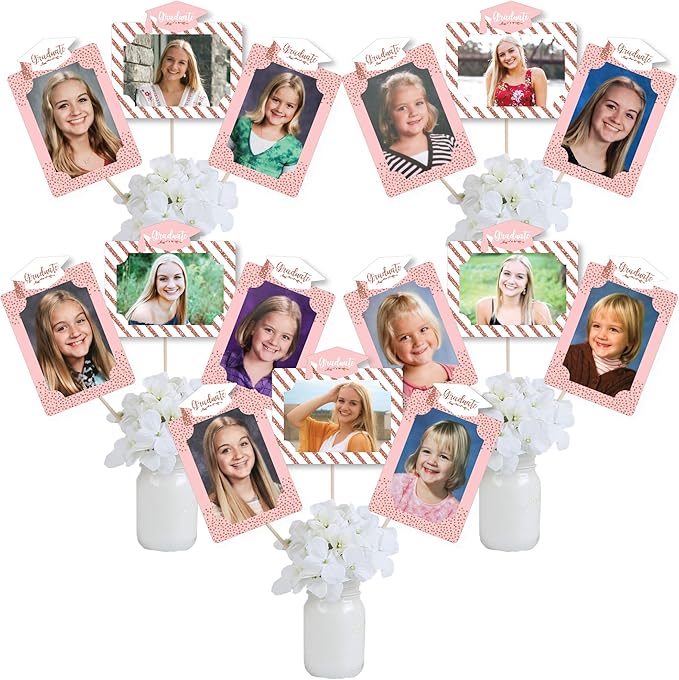 Rose Gold Grad Graduation Photo Display Centerpiece Kit - 15 Double-Sided Photo Table Topper Sticks, Vertical and Horizontal 4x6 Picture Holders, DIY Party Decoration Set