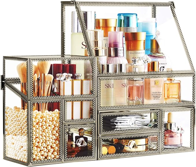 Hersoo Glass Antique Brass Stackable Drawer Set Makeup Organizer for Vanity Antique Countertop Vanity Cosmetic Storage Box Mirror Glass Beauty Display