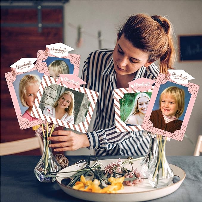 Rose Gold Grad Graduation Photo Display Centerpiece Kit - 15 Double-Sided Photo Table Topper Sticks, Vertical and Horizontal 4x6 Picture Holders, DIY Party Decoration Set