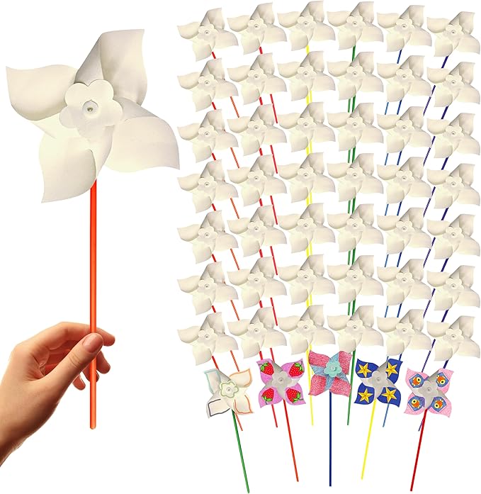 4E's Novelty 24 Pack DIY Pinwheels Craft for Kids, Bulk Summer Pinwheel Craft Kit, Color Your Own Paper Windmill for Pinwheels for Kids Bulk Spring Craft for Kids Easter Art Games