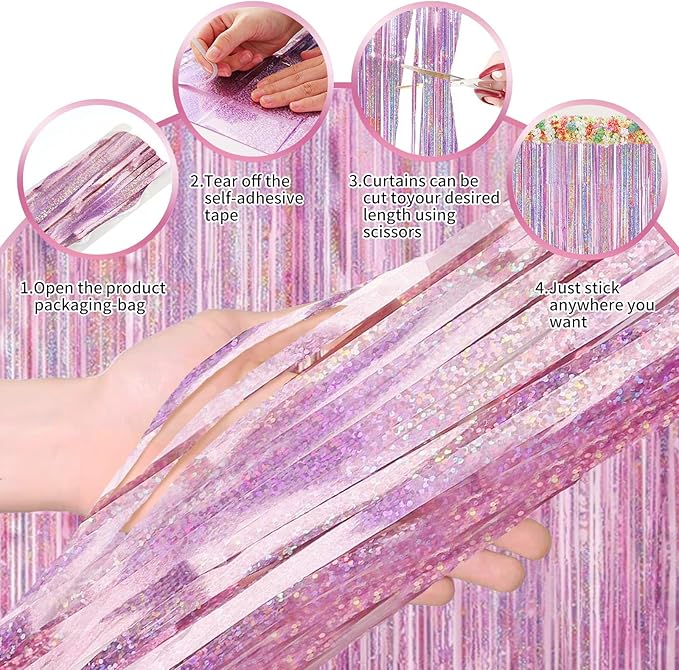 3Pack Pink Foil Fringe Curtain Backdrop - 3.3ft x 8.3ft Metallic Tinsel Photo Booth Decor for Bachelorette Party Decorations