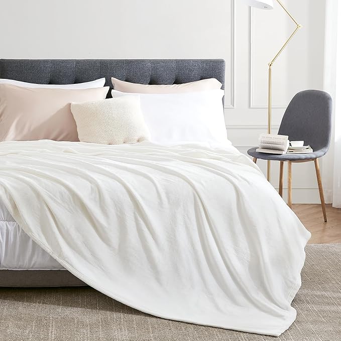 Hansleep Flannel Fleece Throw Blanket Twin Size, Super Soft Fluffy Bed Plush Blanket Throw, Luxury Fuzzy Cozy Couch Blanket for All Seasons, White, Twin 60x80