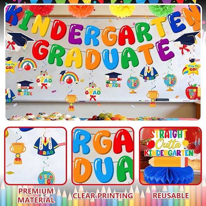 Preschool Graduation Decorations Set, Congrats Grad Decor Kit - 27 PCS with Banner, Pom Poms, Hanging Swirls & Centerpieces, Class of 2026 Party Supplies