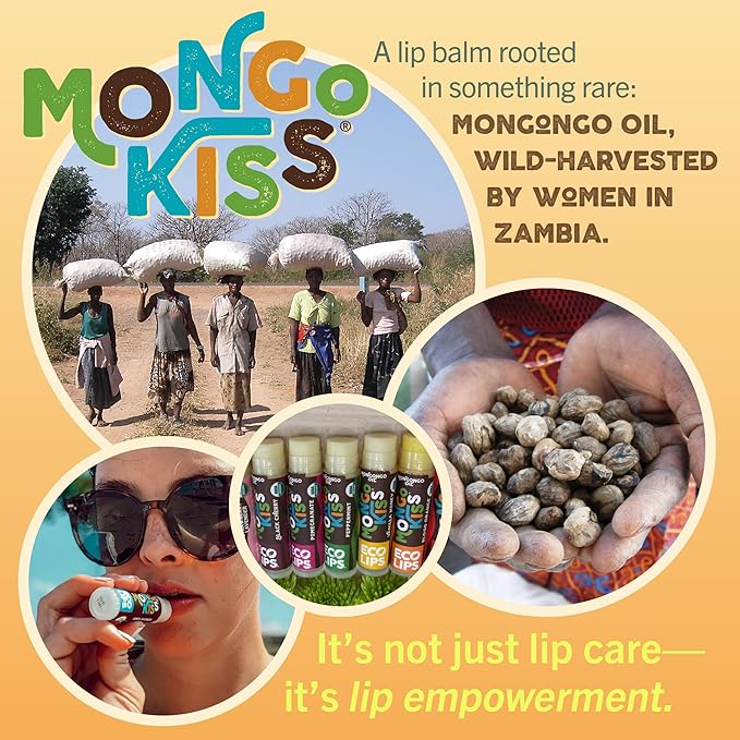 Eco Lips Mongo Kiss Organic Lip Balm 4 Pack Peppermint, Pomegranate, Vanilla Honey, Black Cherry - 100 Percent USDA Organic - Soothe, Moisturize Dry, Cracked and Chapped Lips - Made in USA