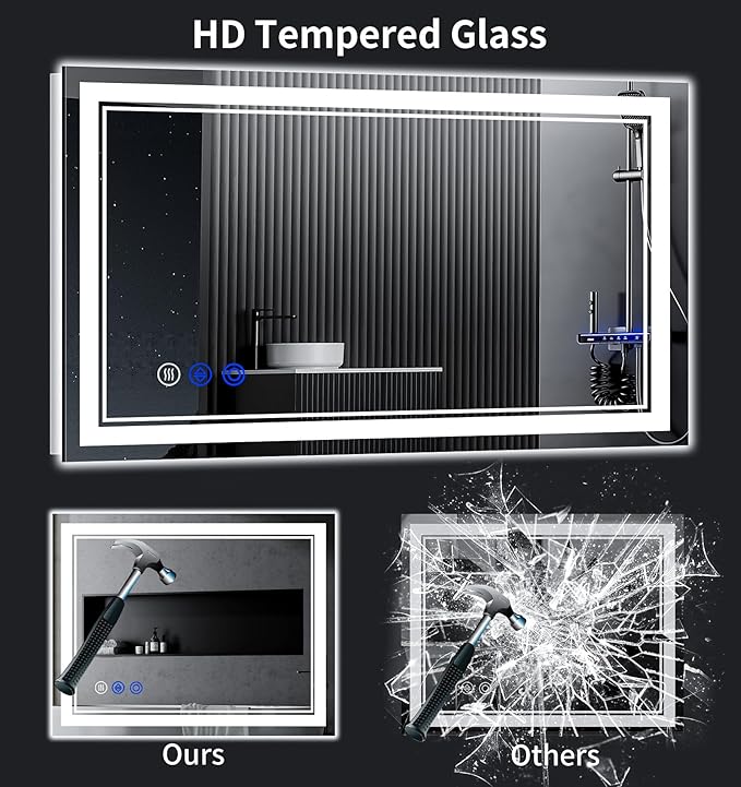 48"x32" LED Bathroom Mirror with Anti-Fog, Stepless Dimmable Lights, 3 Color Modes, Shatter-Proof Tempered Glass, Memory Function & Waterproof Design