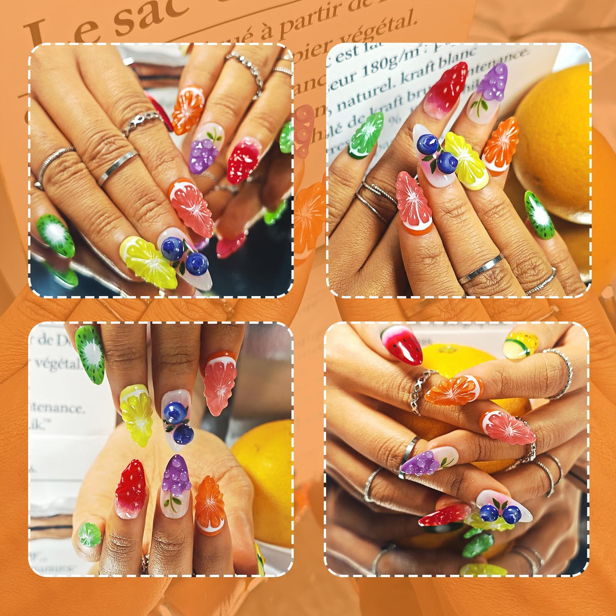 Handmade Press On Nails Almond, Fruit 3D Press On Nails Medium, Orange 3D Nails Strawberry Lemon Fruit With Bubble For Women Gift, Reusable Stick On Fake Nails Kit With Nail Glue(Fruit Fiesta-M)
