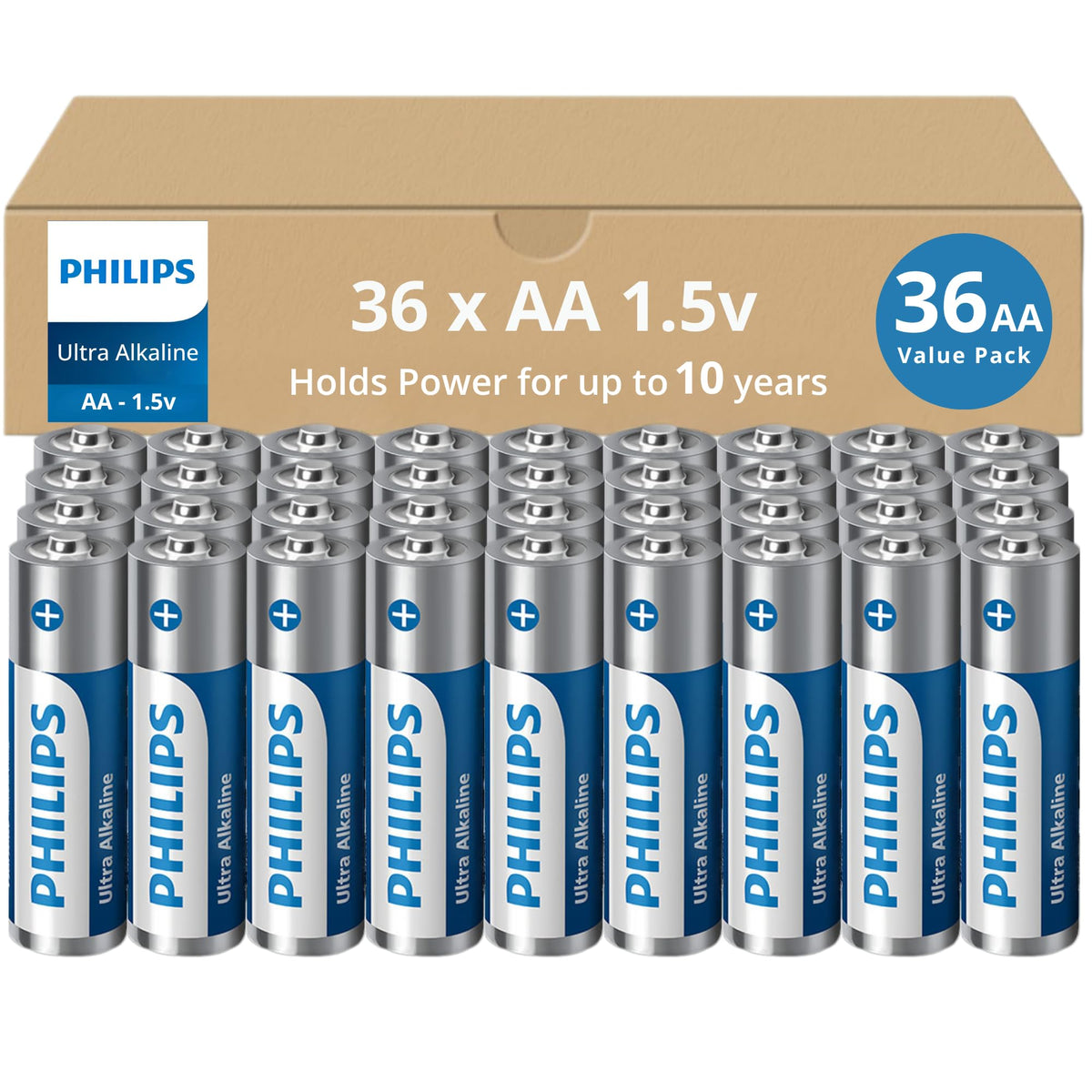 PHILIPS AA Batteries 36 Pack | 1.5v Ultra Alkaline Double A Battery | 132% More Power Then Industry Standard | Long-Lasting | 10-Year Shelf Life | Ideal for Indoor & Outdoor Use | Premium Performance.